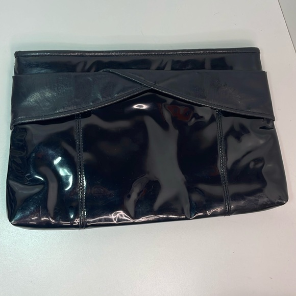 Retro 80’s Bag Bazaar Black Patent Leather Compartment Large Clutch Bag - Picture 3 of 14